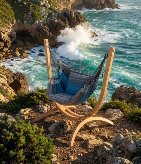 Set completo di poltrona sospesa Tiburon Laguna con cuscini, seduta in eucalipto ad arco.